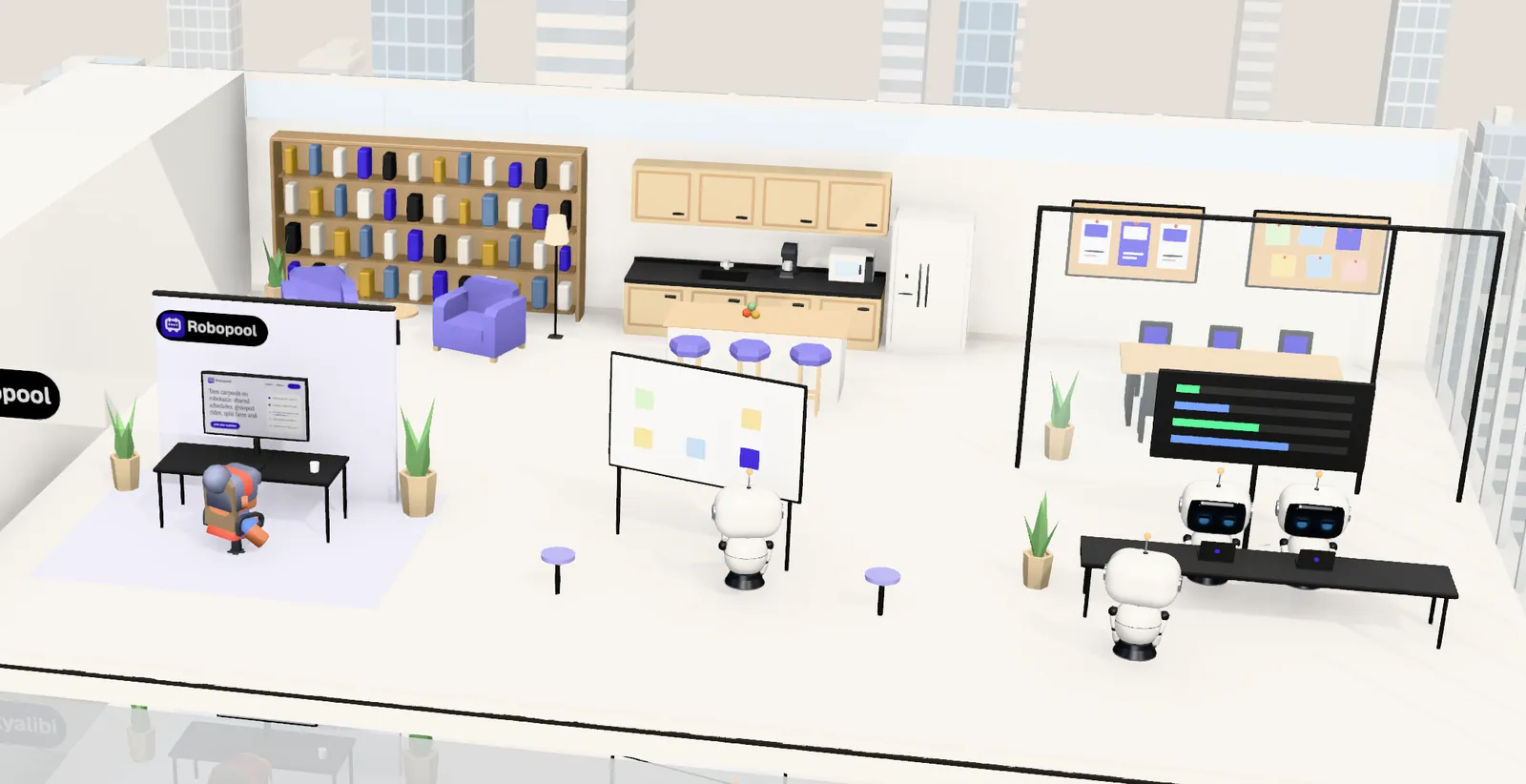 Robopool’s office on floor 6 of Tower 2: the owner’s desk with the website on screen, the agents’ bench, a meeting room and a library